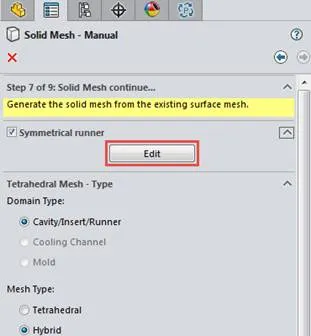 SOLIDWORKS Plastics Symmetric Runner check on the option for Symmetrical runner and select the Edit button